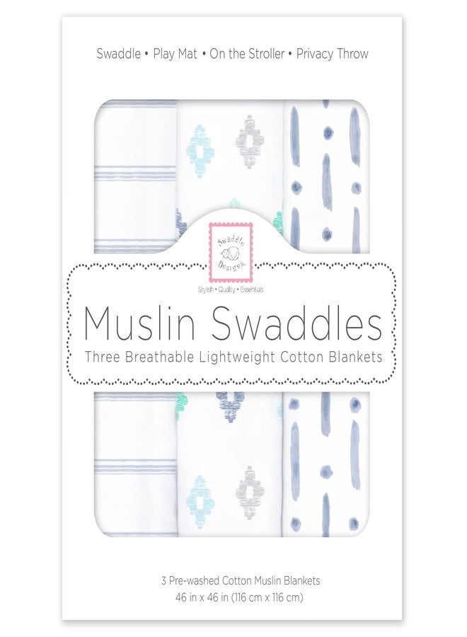 سوادل ديزاينز بطانيات لفّ قطنية من الموسلين من SwaddleDesigns للأطفال الرضع (بنين وبنات)، بطانيات استقبال محايدة للمواليد الجدد، مثالية لقوائم هدايا الأطفال، مقاس 46 × 46 بوصة، لون أزرق نيلي مائي، طقم من 3 قطع - Image 1